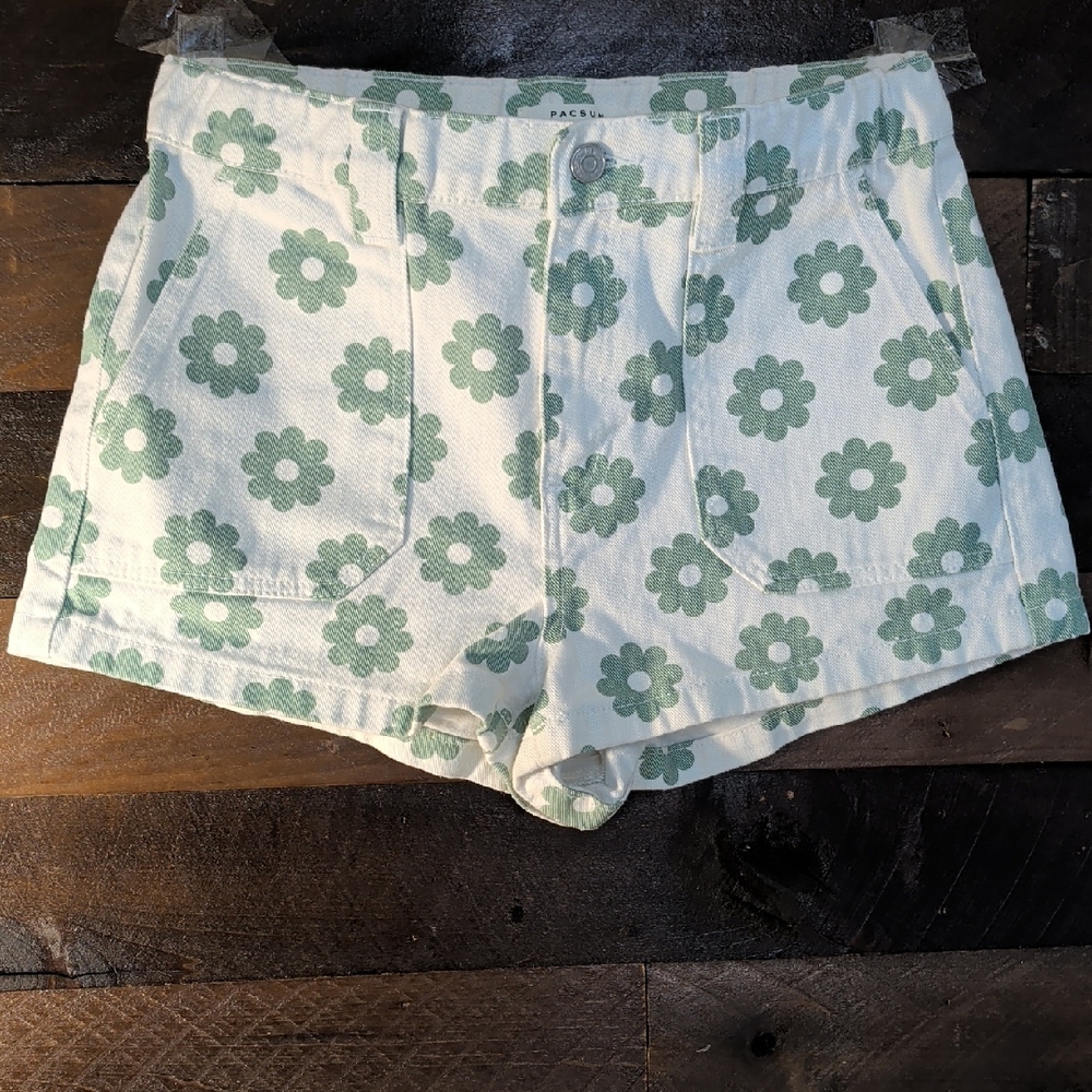 PacSun White High Waist Shorts with Green Floral Print